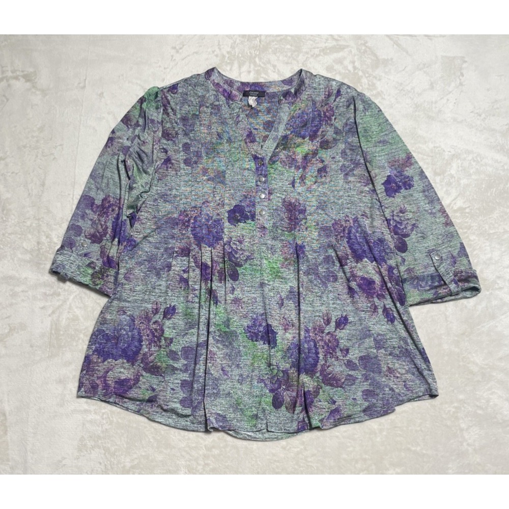 Cocomo Woman Top Blouse Womens 2XL Multicolor Floral Roll Tab Sleeve Pullover
